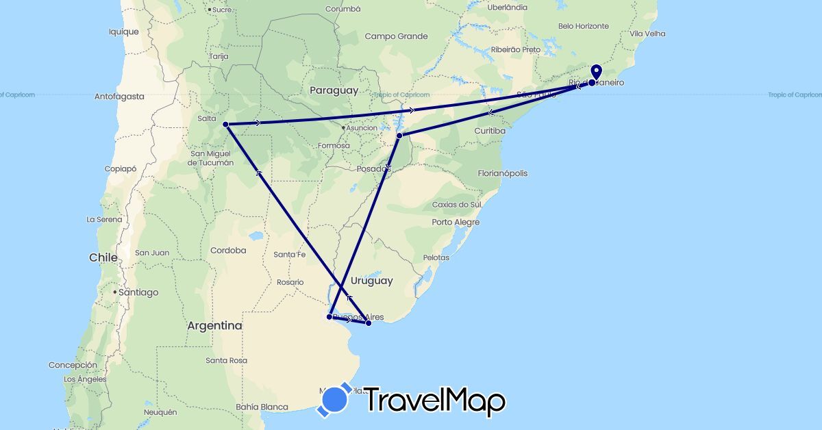 TravelMap itinerary: driving in Argentina, Brazil, Uruguay (South America)